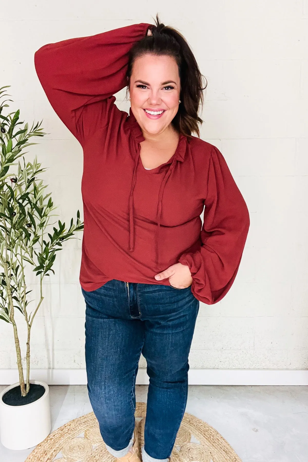 Feeling Femme Off Burgundy Frilled Edge V Neck Tie Top (Open Pack)