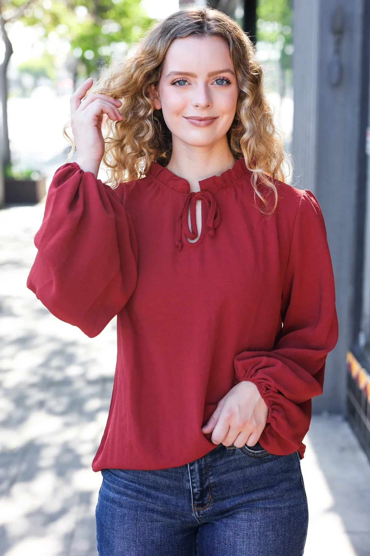 Feeling Femme Off Burgundy Frilled Edge V Neck Tie Top (Open Pack)