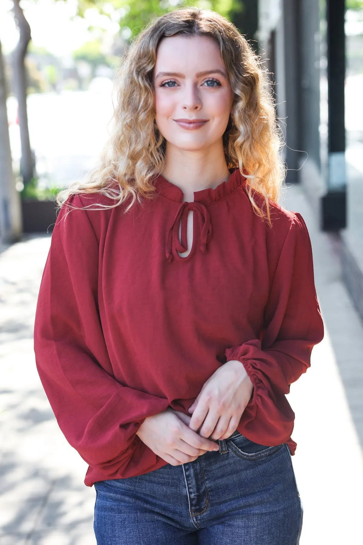 Feeling Femme Off Burgundy Frilled Edge V Neck Tie Top (Open Pack)