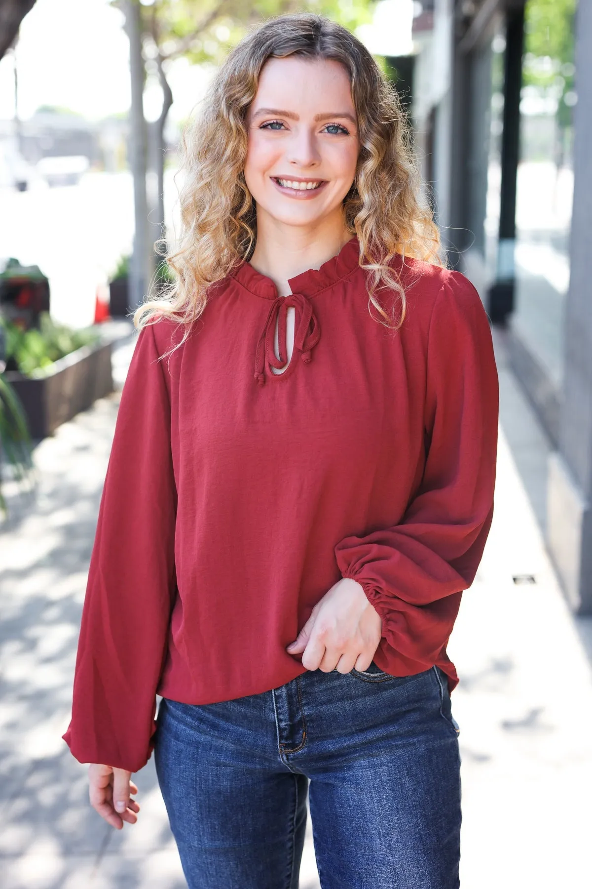 Feeling Femme Off Burgundy Frilled Edge V Neck Tie Top (Open Pack)