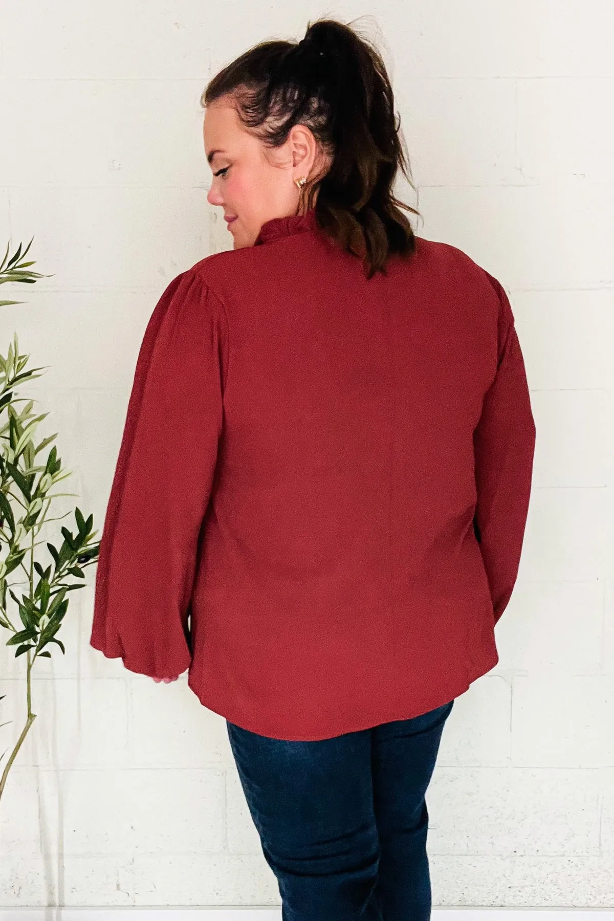 Feeling Femme Off Burgundy Frilled Edge V Neck Tie Top (Open Pack)