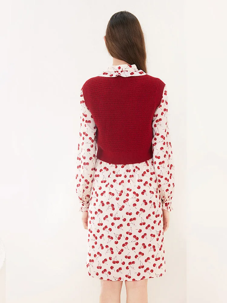 Floral Dress And Woolen Vest Two-Piece Set