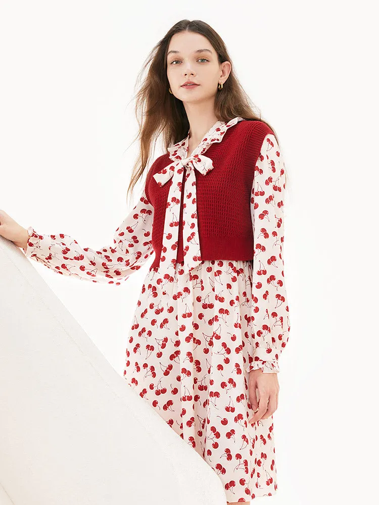 Floral Dress And Woolen Vest Two-Piece Set
