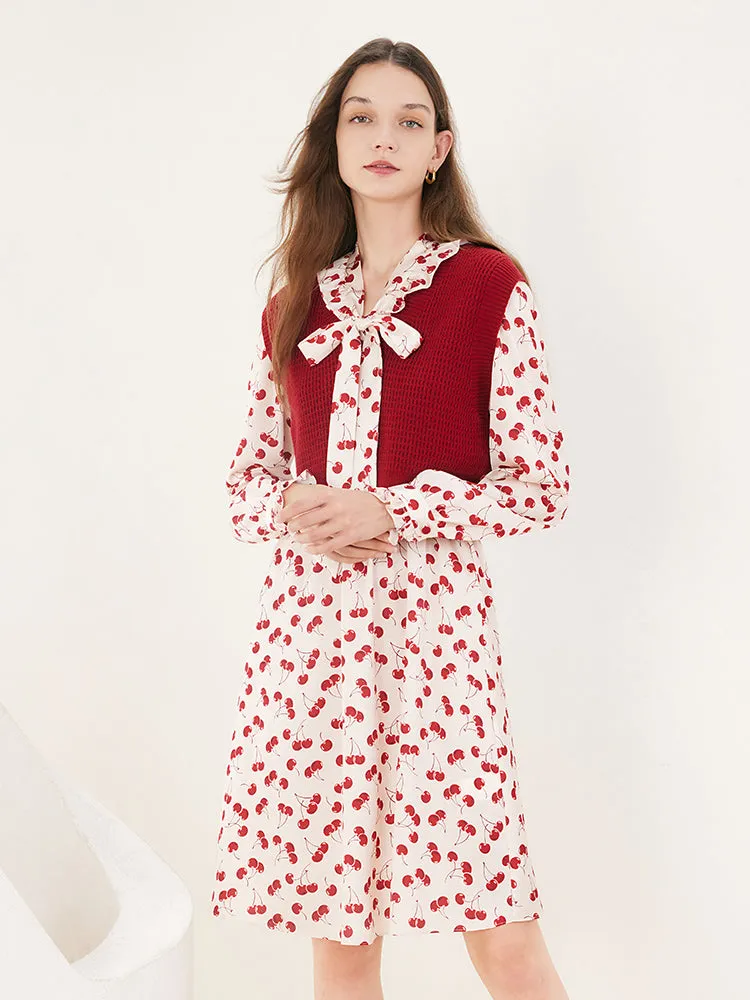 Floral Dress And Woolen Vest Two-Piece Set