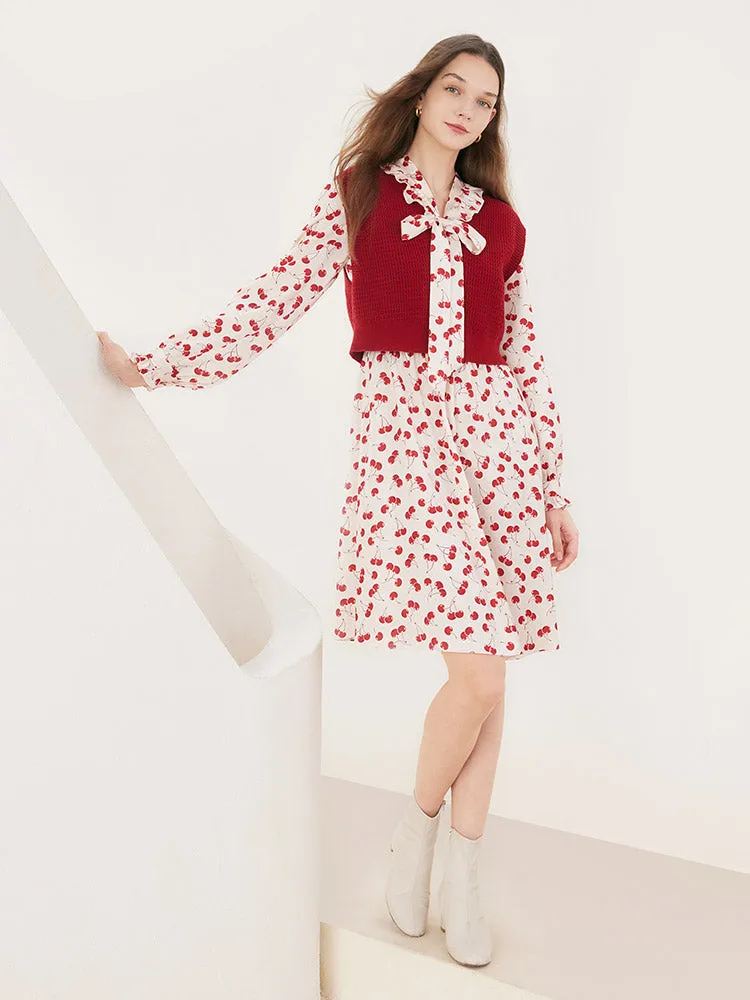Floral Dress And Woolen Vest Two-Piece Set