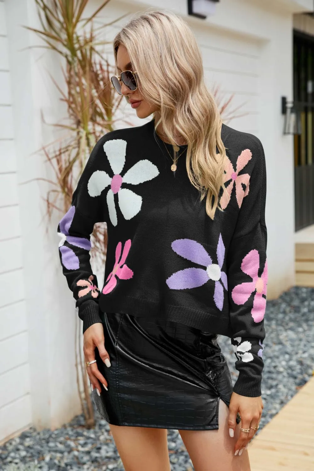 Floral Dropped Shoulder Ribbed Trim Sweater - 2 colors