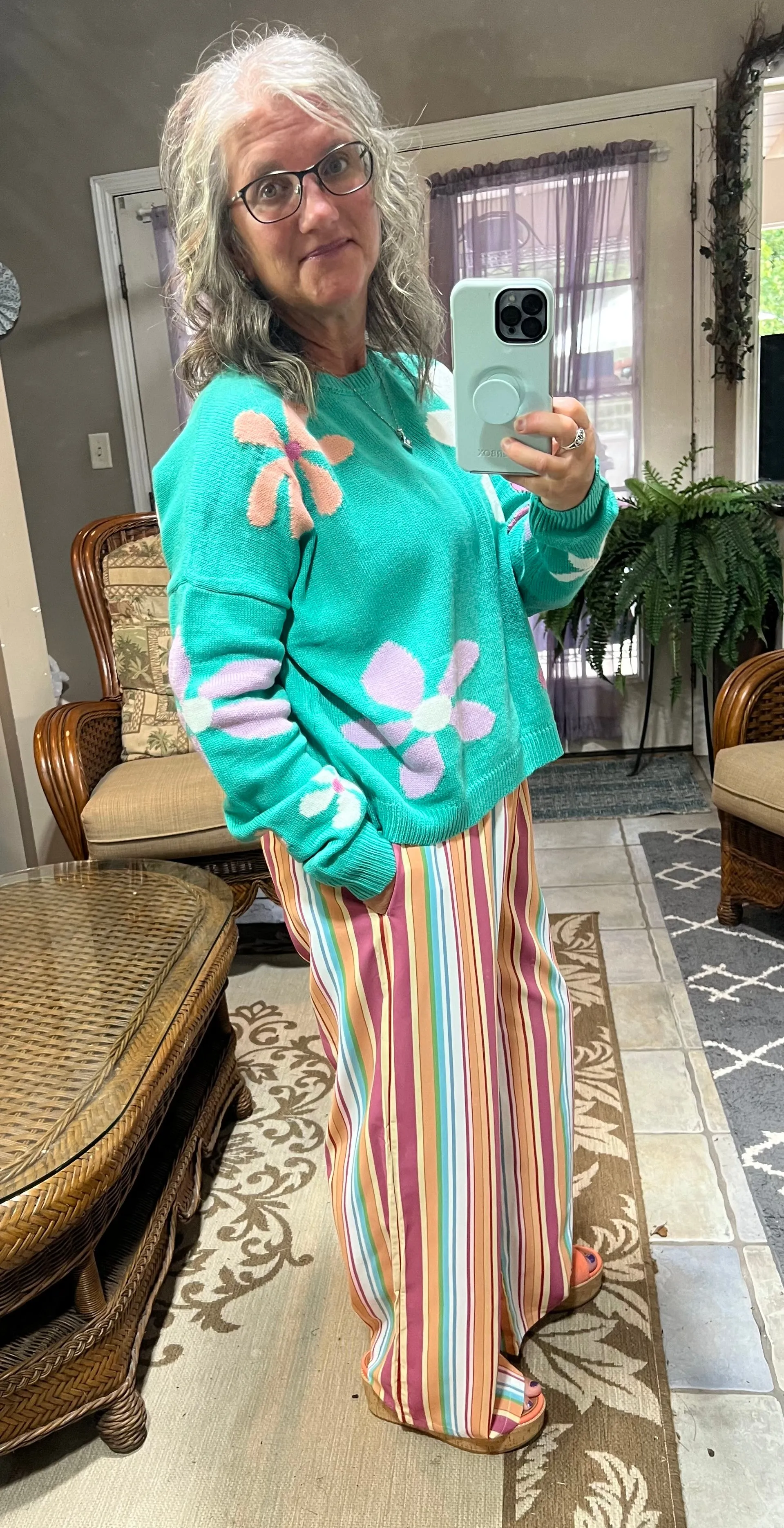 Floral Dropped Shoulder Ribbed Trim Sweater - 2 colors