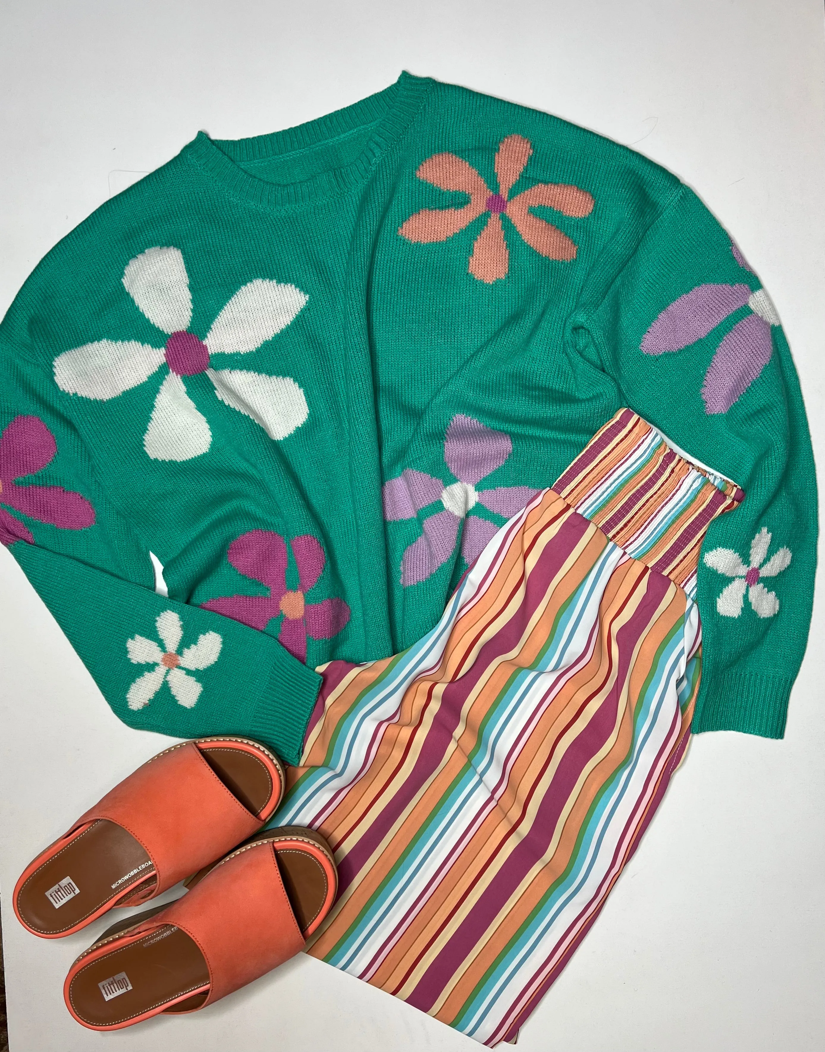Floral Dropped Shoulder Ribbed Trim Sweater - 2 colors
