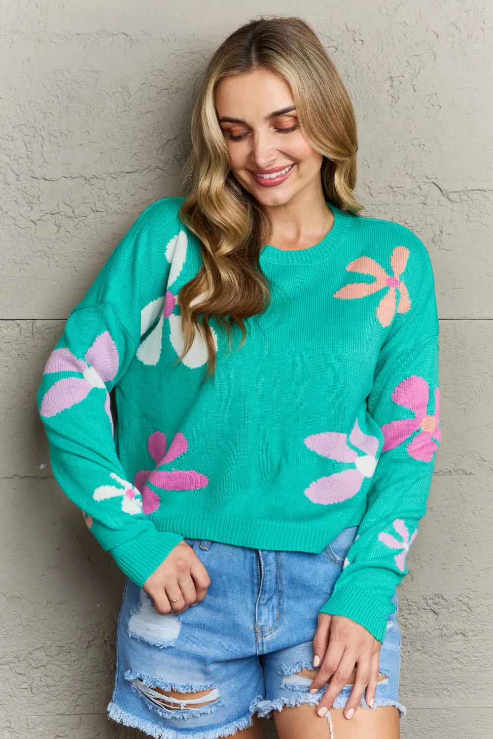 Floral Dropped Shoulder Ribbed Trim Sweater - 2 colors