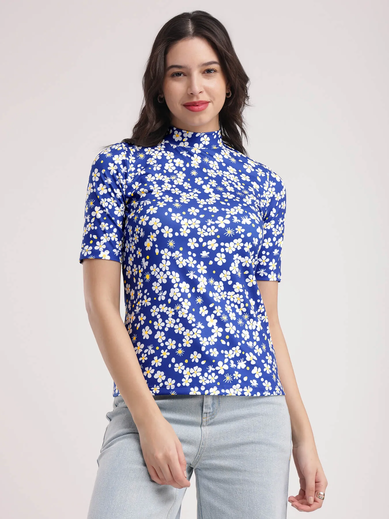 Floral Knitted T-Shirt - Blue And White
