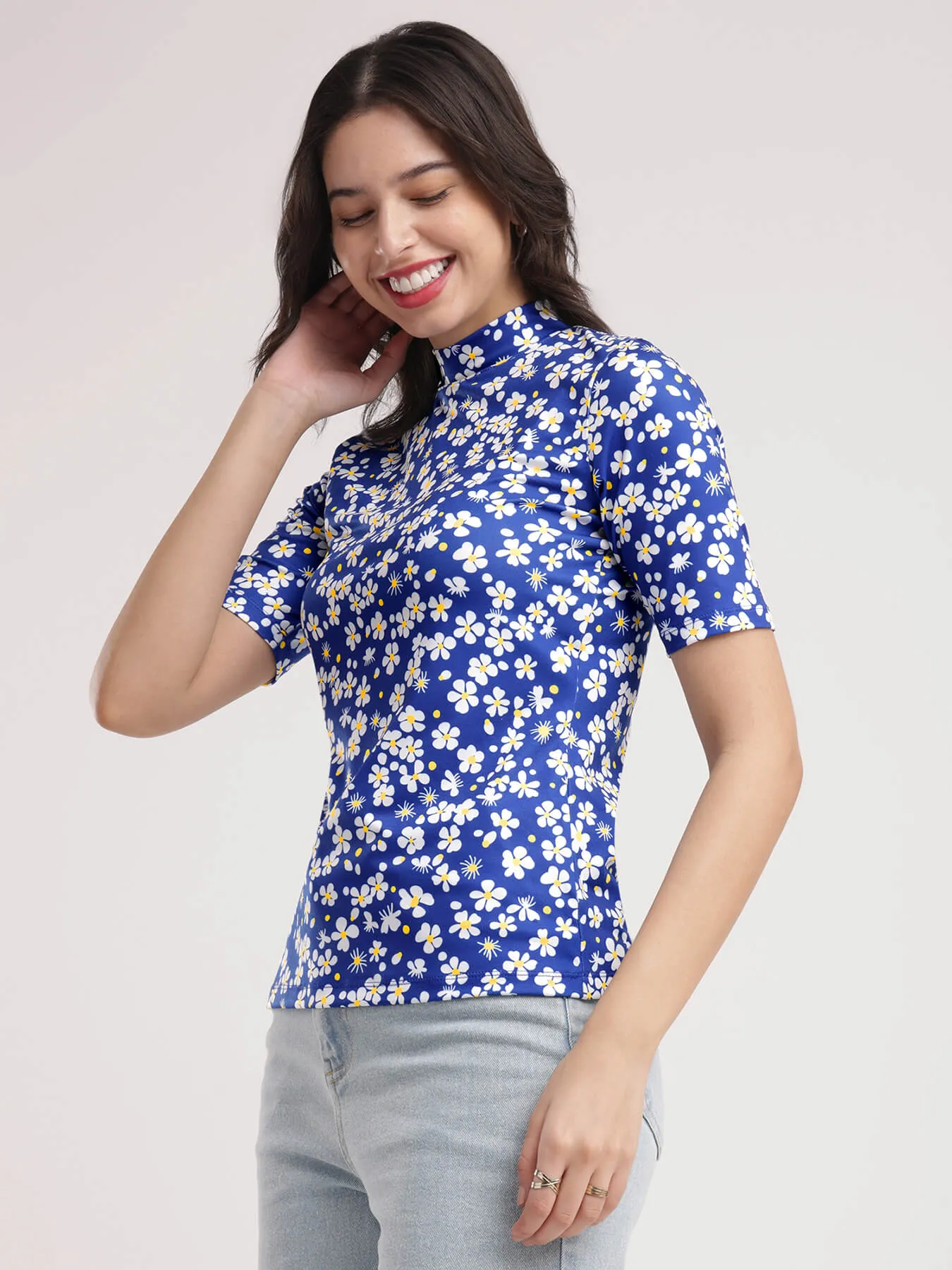 Floral Knitted T-Shirt - Blue And White
