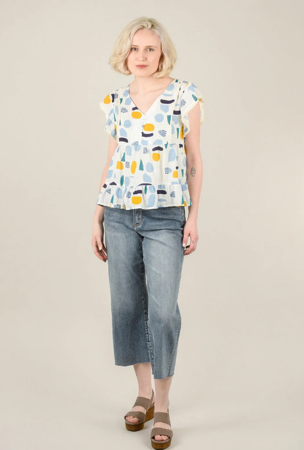 Fringe-Seam Ruffle Top, Yellow