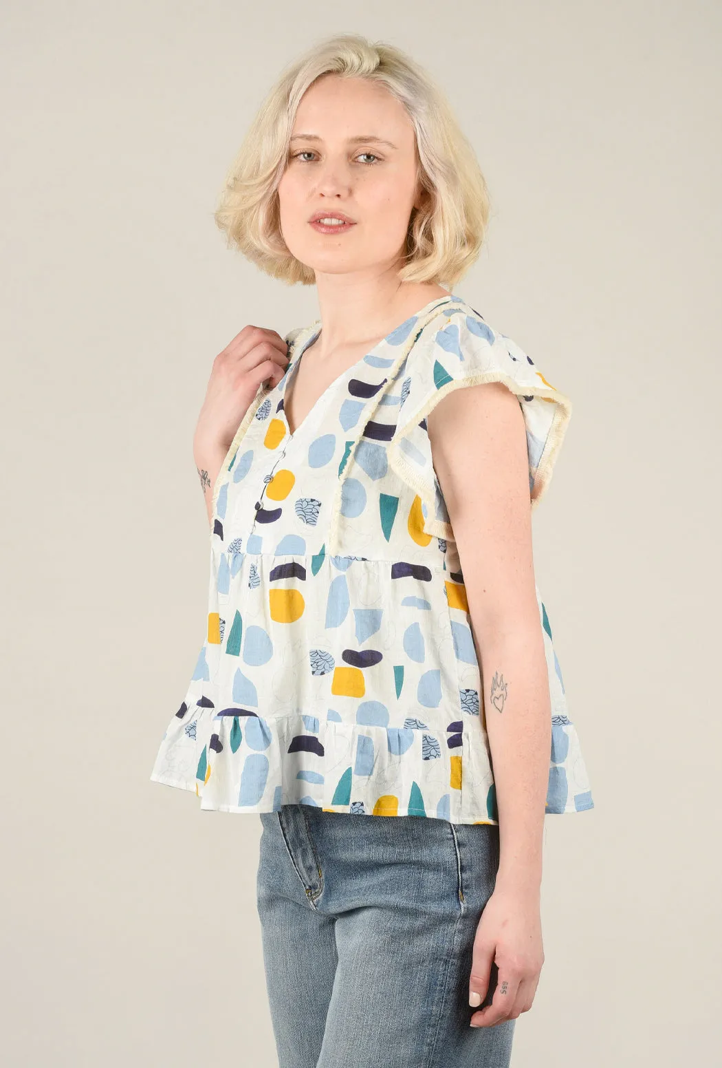 Fringe-Seam Ruffle Top, Yellow