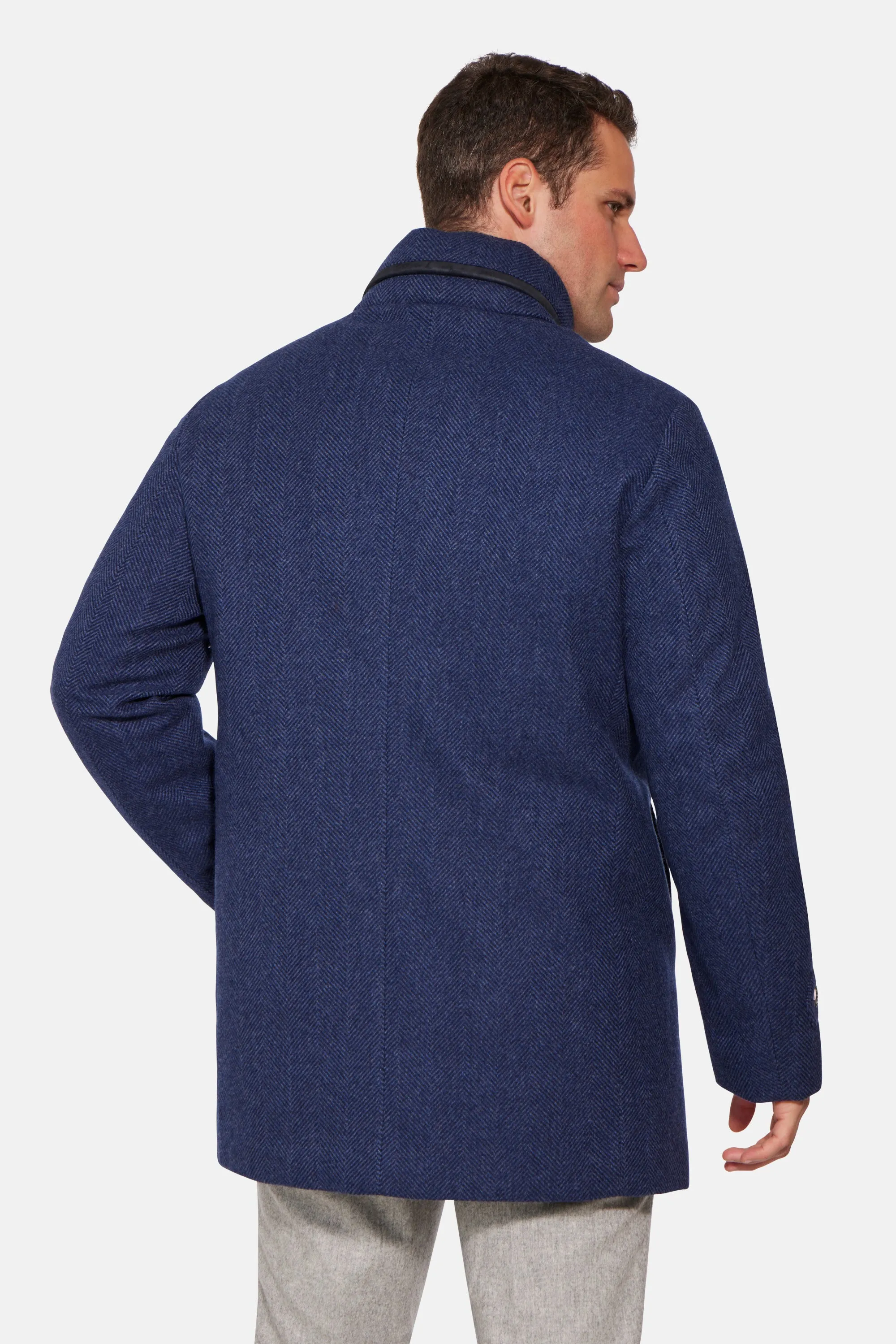 Hooded Cashmere Wool Car Coat, Mid Blue Herringbone