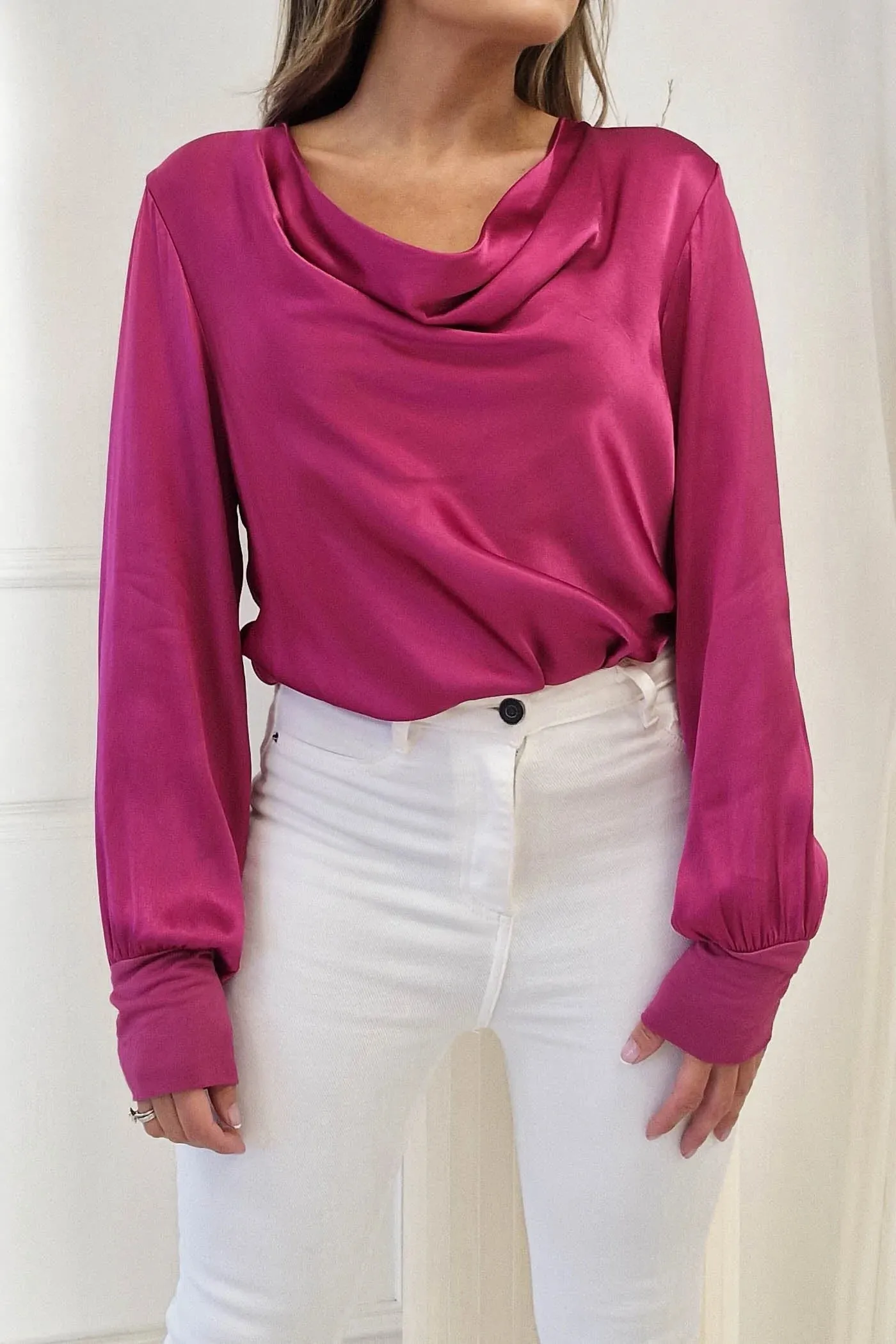 Pamela Satin Long Sleeve Top | Fuschia