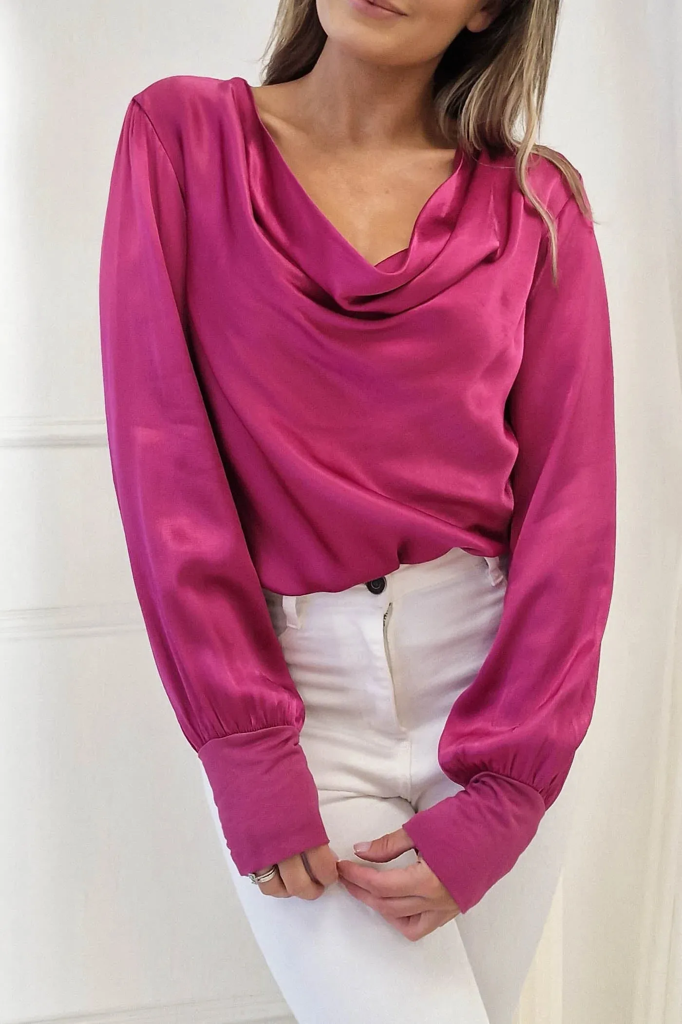 Pamela Satin Long Sleeve Top | Fuschia
