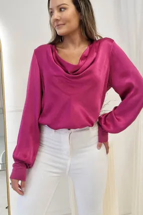 Pamela Satin Long Sleeve Top | Fuschia