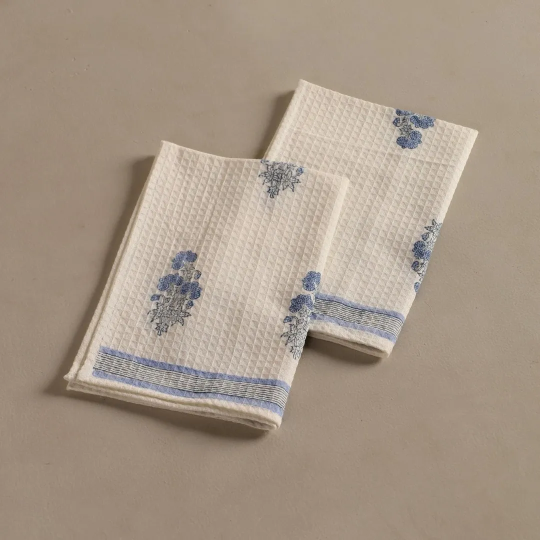 Pure Cotton Hand and Bath Towel Set | Hand Block Printed In Blue Floral Pattern | Handmade In India