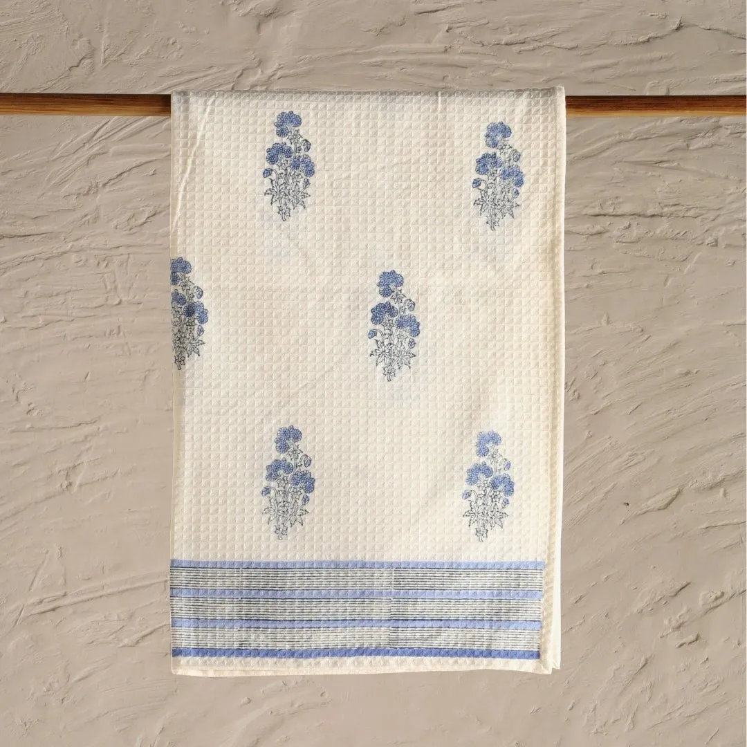 Pure Cotton Hand and Bath Towel Set | Hand Block Printed In Blue Floral Pattern | Handmade In India