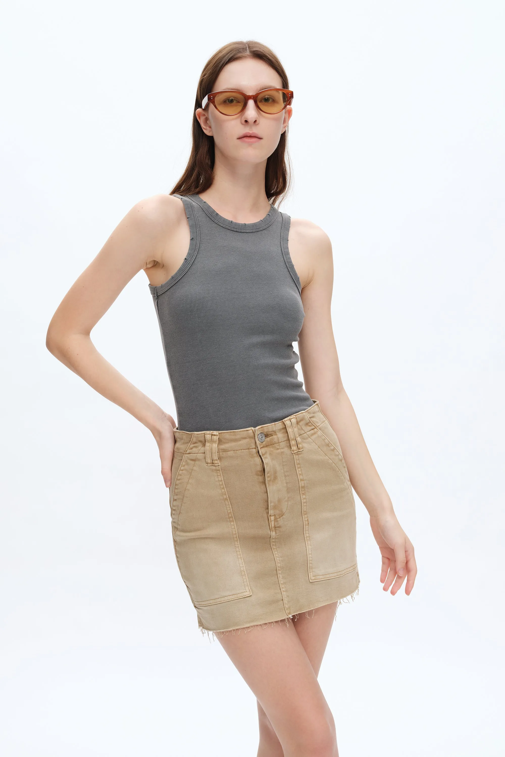 SHORT DENIM SKIRT WITH POCKETS BYK7021 FADED KHAKI