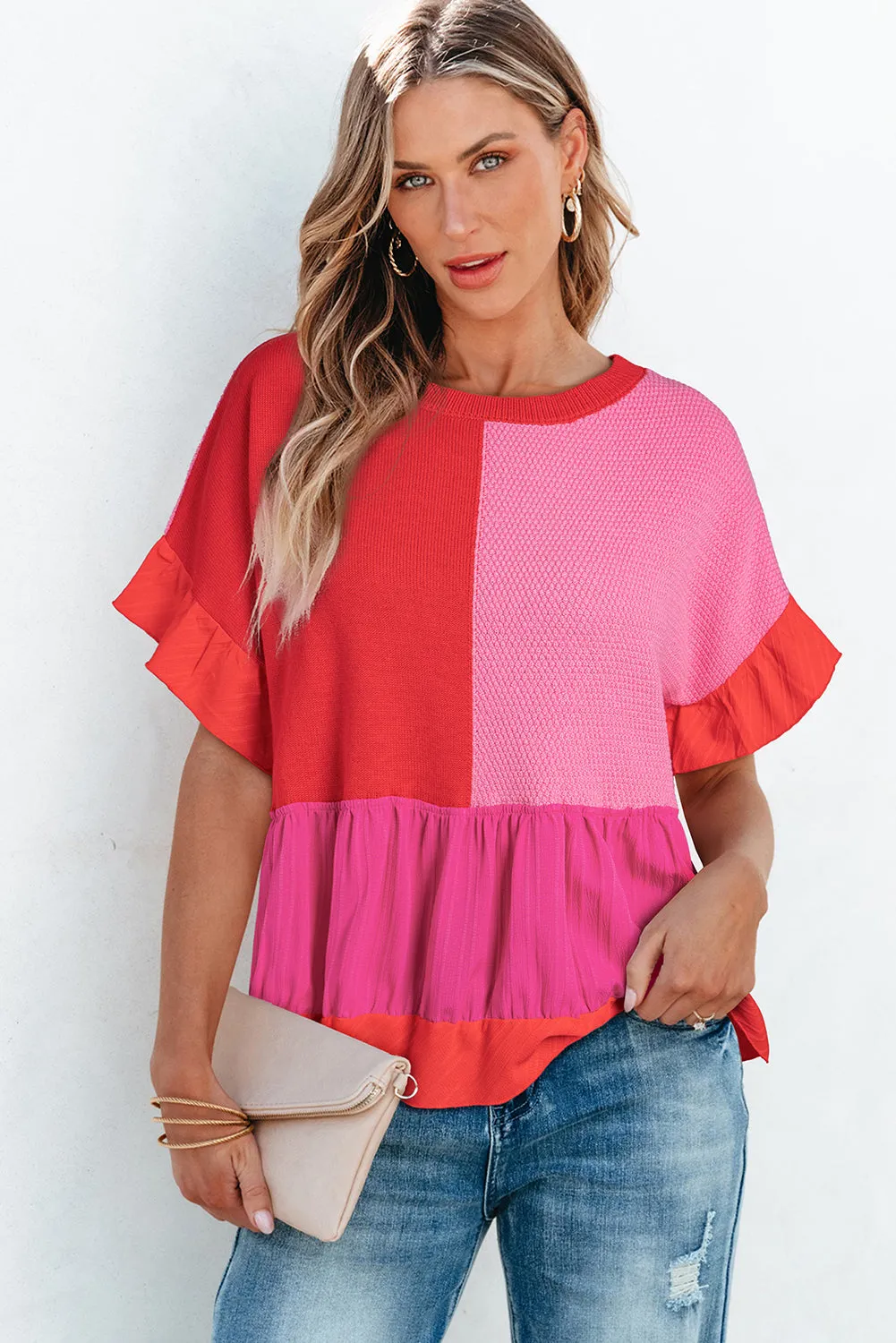 Tomato Red Mix Knitted Patchwork Ruffle Trim Loose Sweater