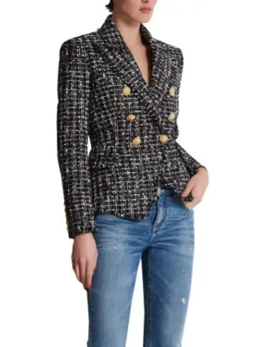 Women’s Double-Breasted Tweed Blazer with Gold Buttons