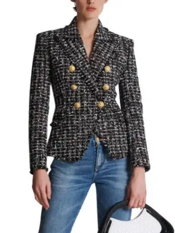 Women’s Double-Breasted Tweed Blazer with Gold Buttons