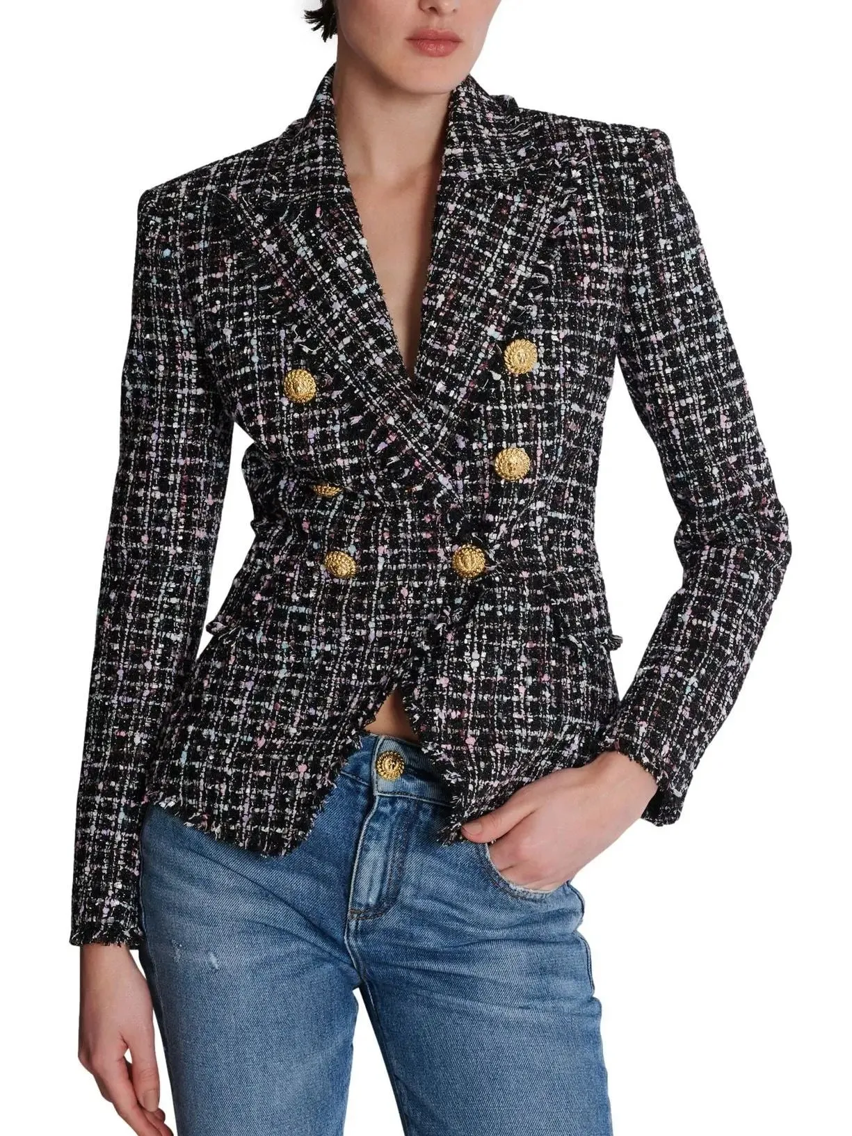 Women’s Double-Breasted Tweed Blazer with Gold Buttons