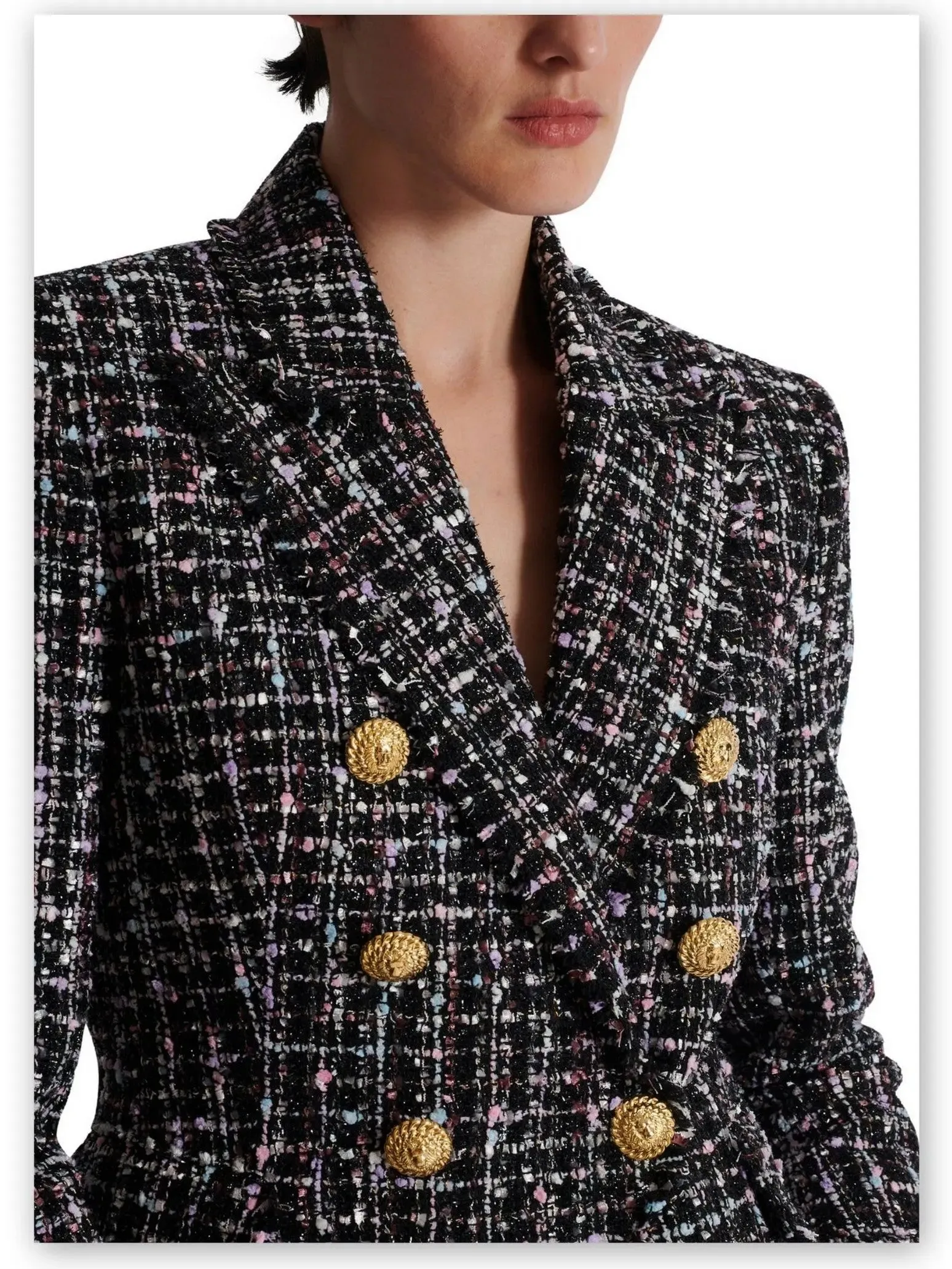 Women’s Double-Breasted Tweed Blazer with Gold Buttons